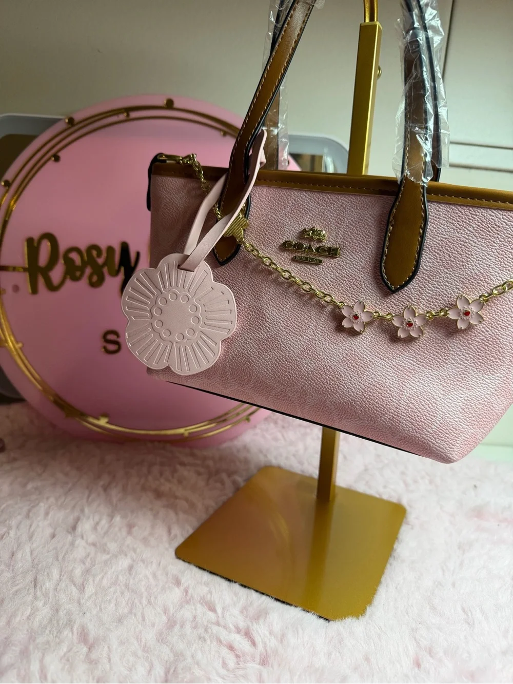 Coach Pink Floral Charm Mini Tote with Gold Accents